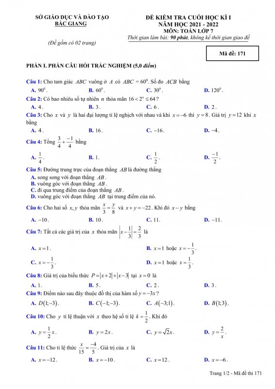 Đề kiểm tra cuối học kỳ 1 môn Toán lớp 7 Tỉnh Bắc Giang năm 2021 - 2022-1