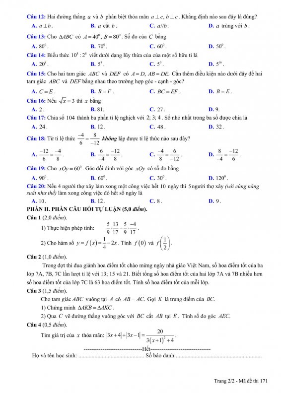 Đề kiểm tra cuối học kỳ 1 môn Toán lớp 7 Tỉnh Bắc Giang năm 2021 - 2022-2