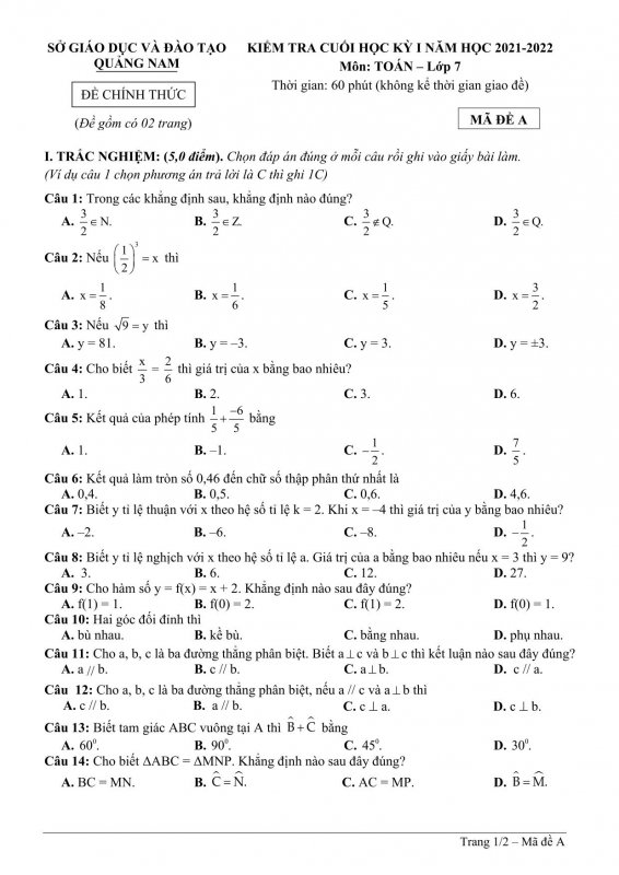 Đề kiểm tra cuối học kỳ 1 môn Toán lớp 7 Tỉnh Quảng Nam năm 2021 - 2022-1