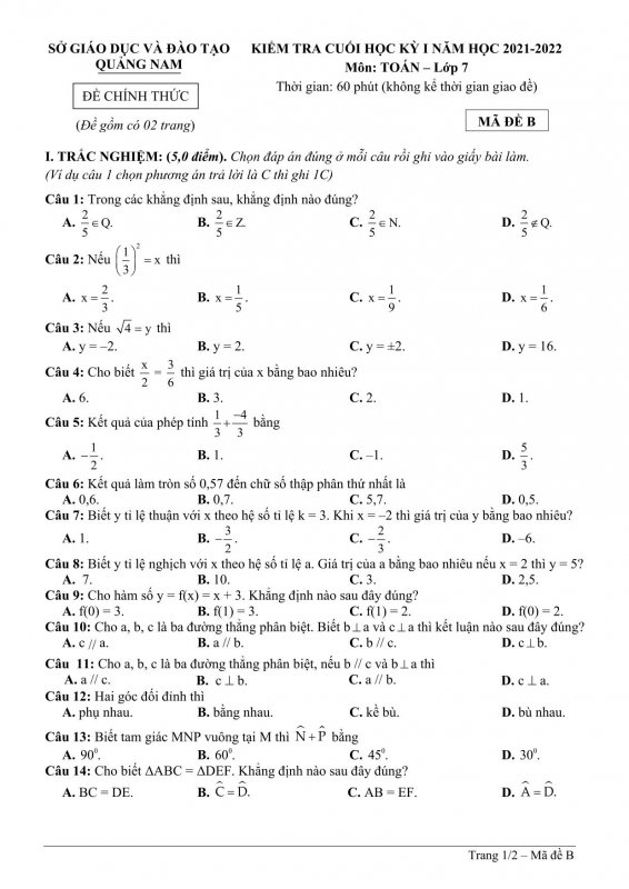 Đề kiểm tra cuối học kỳ 1 môn Toán lớp 7 Tỉnh Quảng Nam năm 2021 - 2022-3