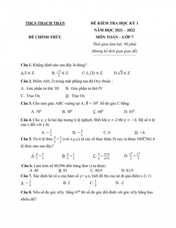 Đề kiểm tra cuối học kỳ 1 môn Toán lớp 7 Trường THCS Thạch Thán năm 2021 - 2022-01