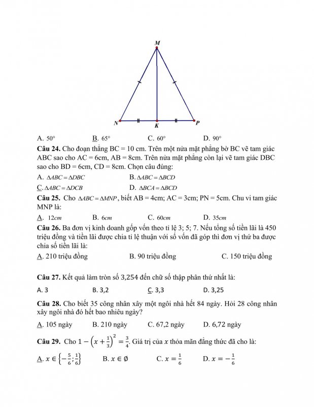 Đề kiểm tra cuối học kỳ 1 môn Toán lớp 7 Trường THCS Thạch Thán năm 2021 - 2022-05