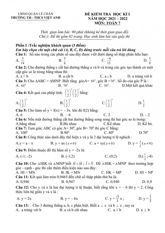 Đề kiểm tra học kỳ 1 môn Toán lớp 7 Trường THCS Việt Anh năm 2021 - 2022-1